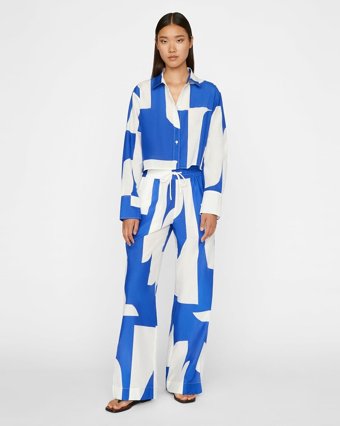 Blue-White Abstract Collar Style Co-Ord Set