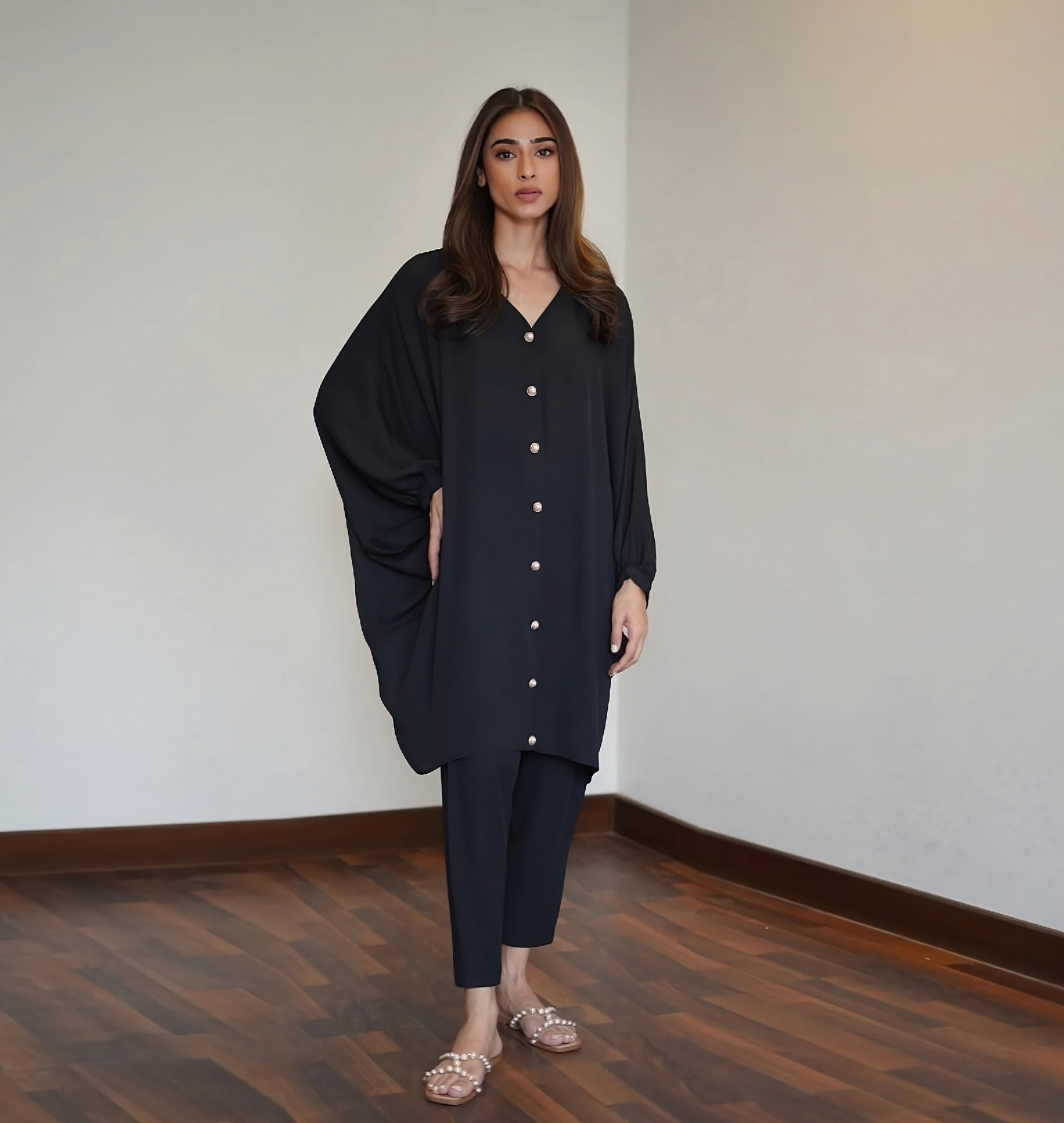 Stylish Black Batwing Tunic and Slim Trousers Set