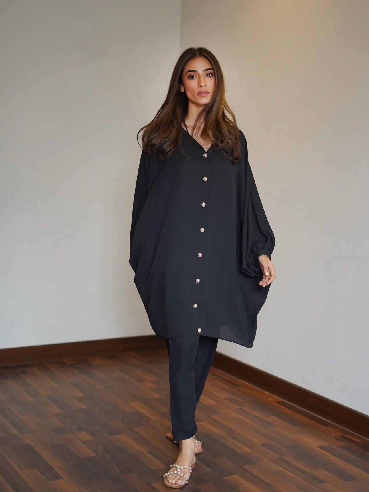 Stylish Black Batwing Tunic and Slim Trousers Set