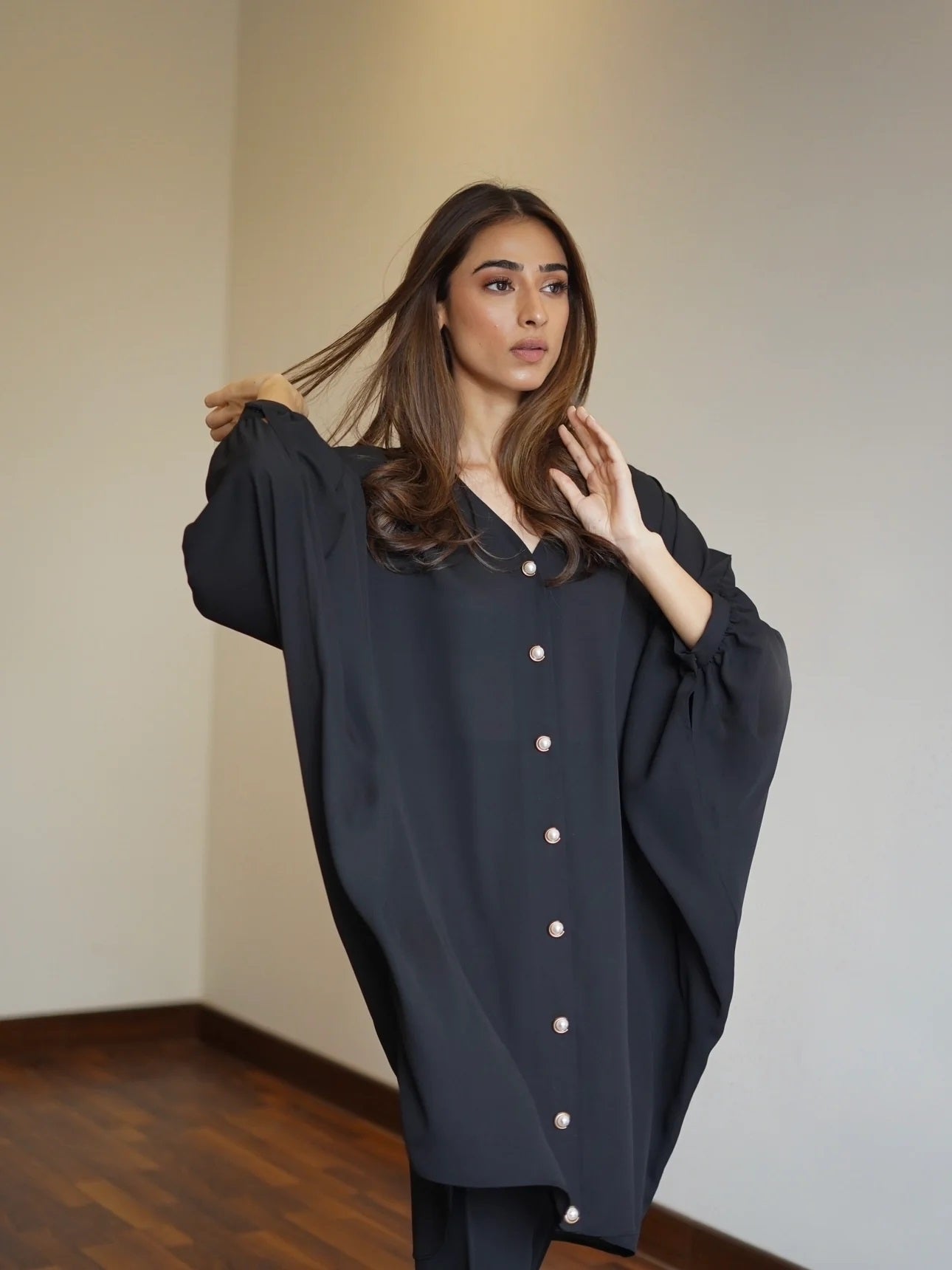 Stylish Black Batwing Tunic and Slim Trousers Set