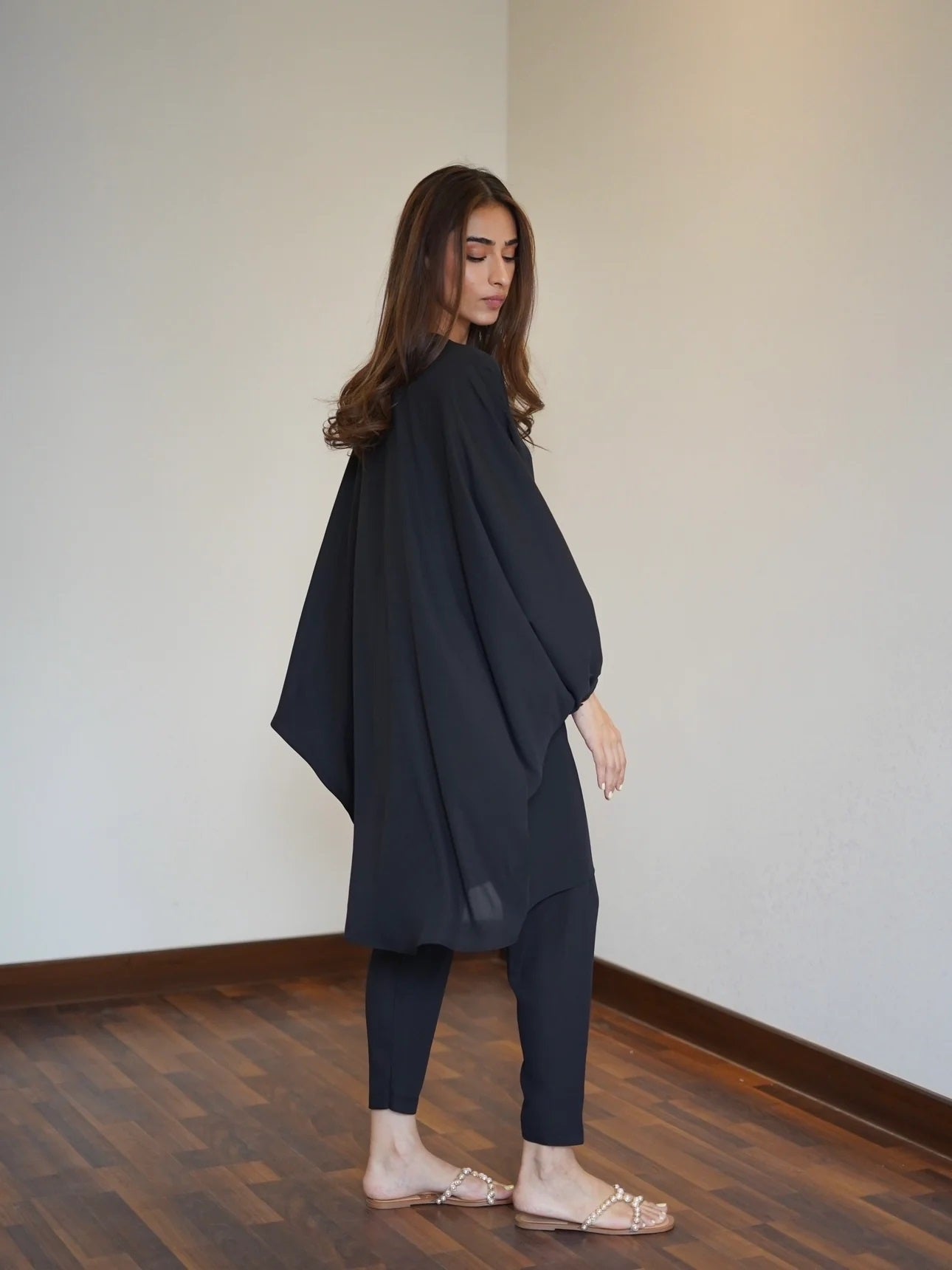 Stylish Black Batwing Tunic and Slim Trousers Set