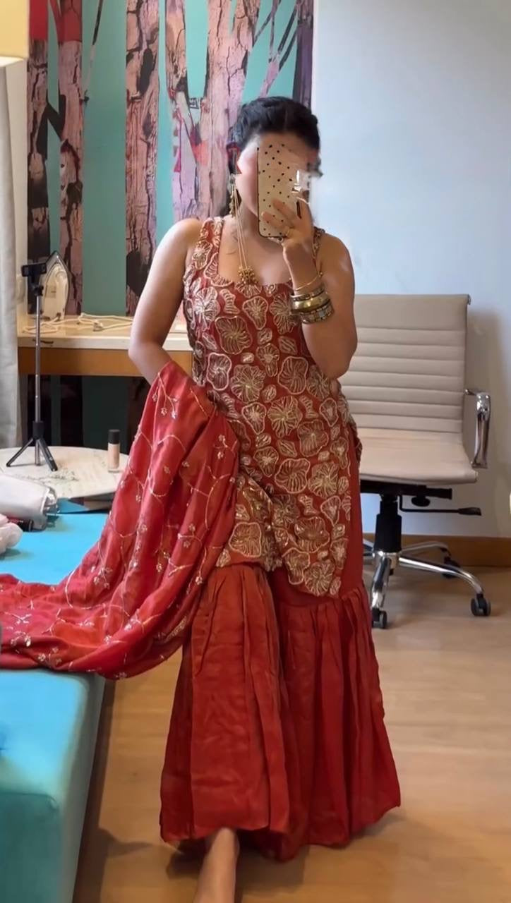 Cherry Red Sharara Set With Dupatta