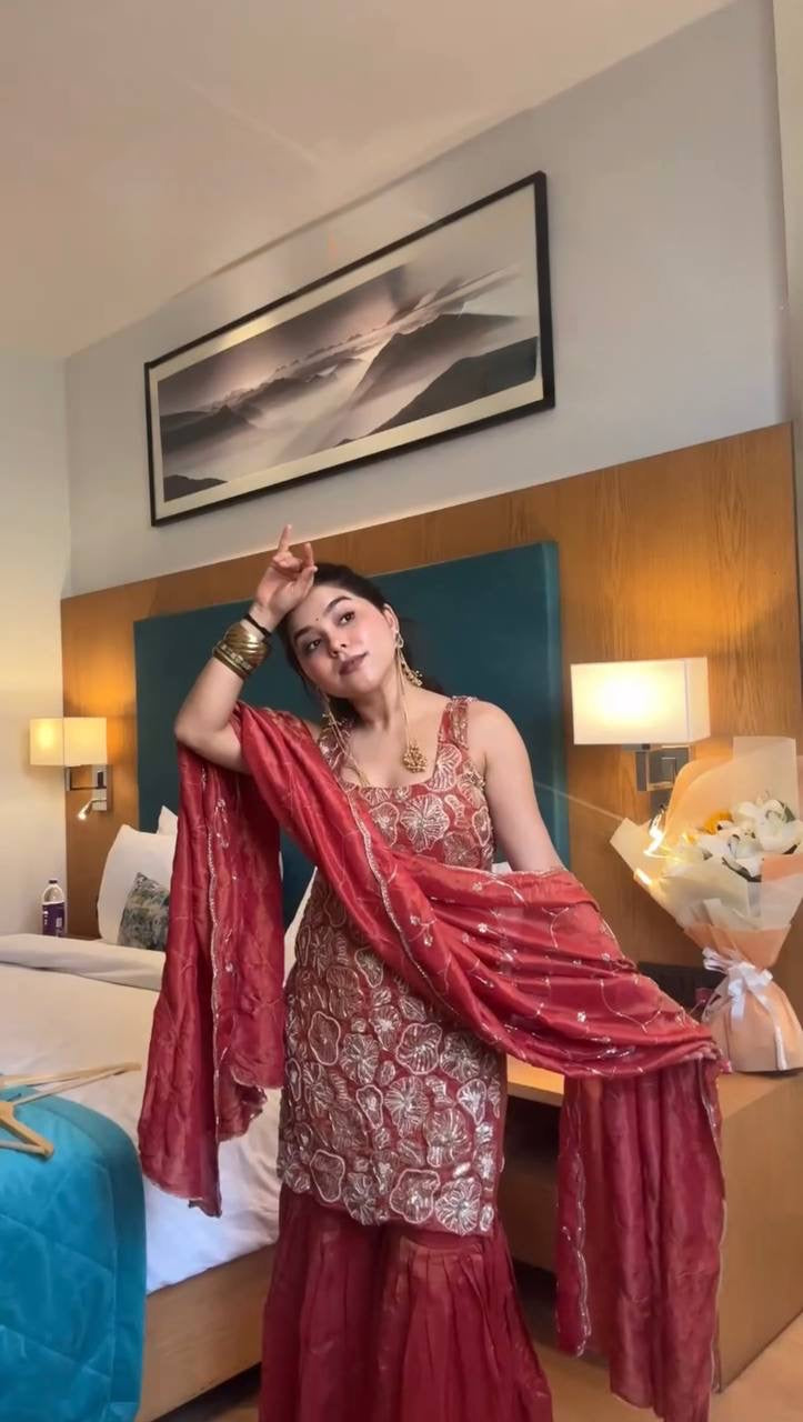 Cherry Red Sharara Set With Dupatta