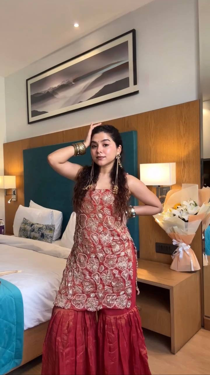 Cherry Red Sharara Set With Dupatta