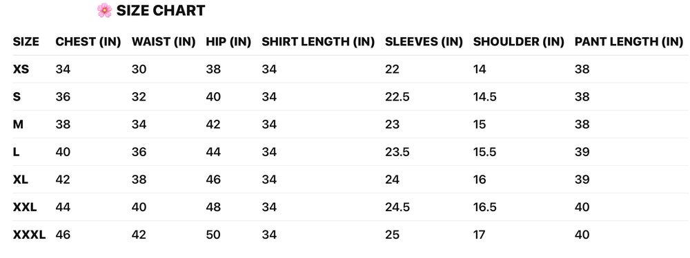 Size Chart Coord Set