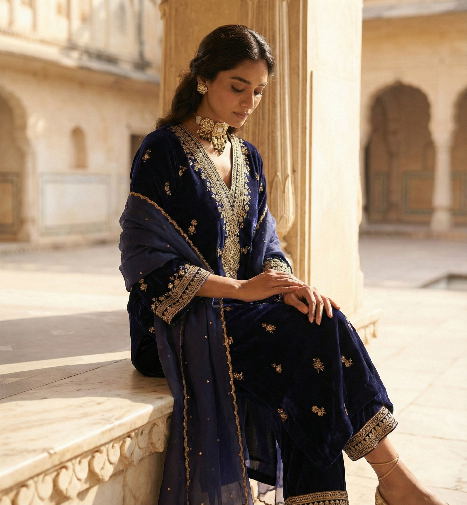 Indigo Velvet Suit Set