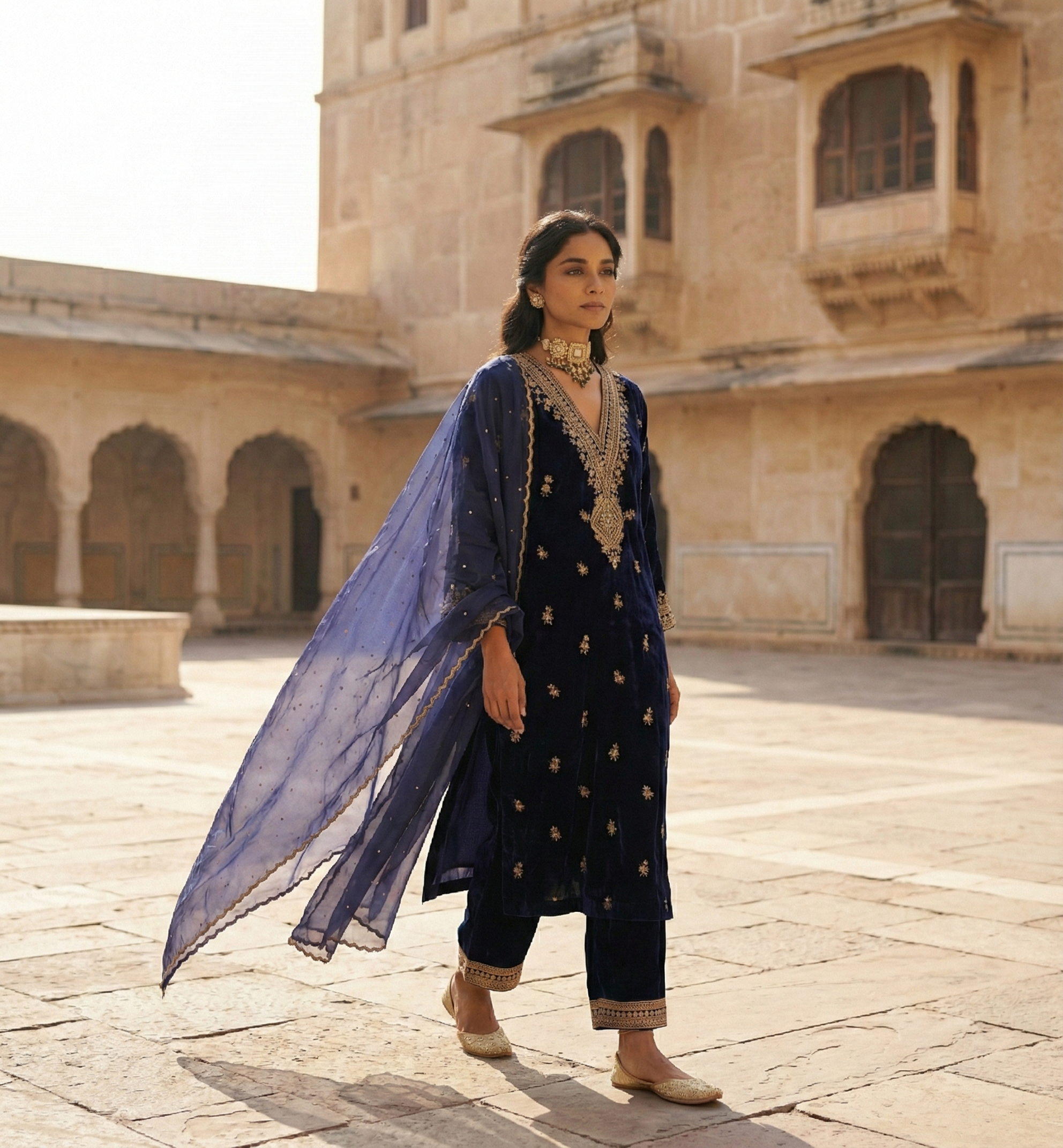 Indigo Velvet Suit Set